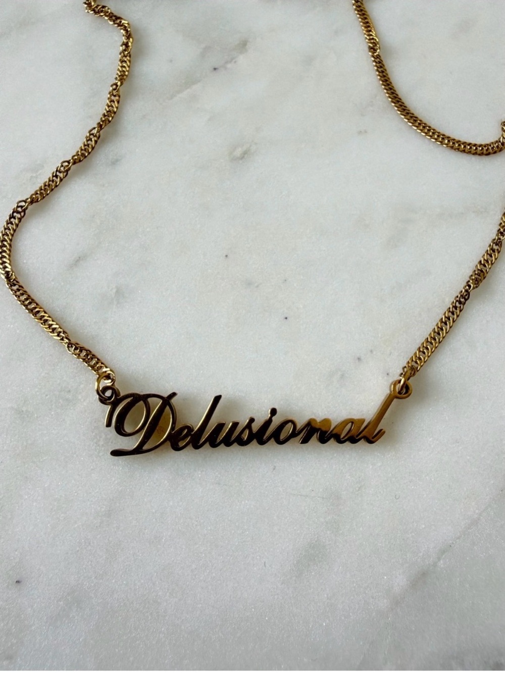PRISM Gold "Delusional" Script Nameplate Necklace - Women Jewelry